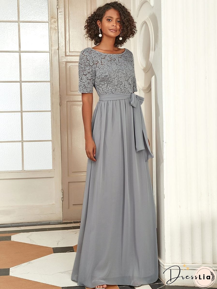 Sophisticated Lace Bodice Chiffon Maxi Evening Gown with Belt for Elegant Occasions