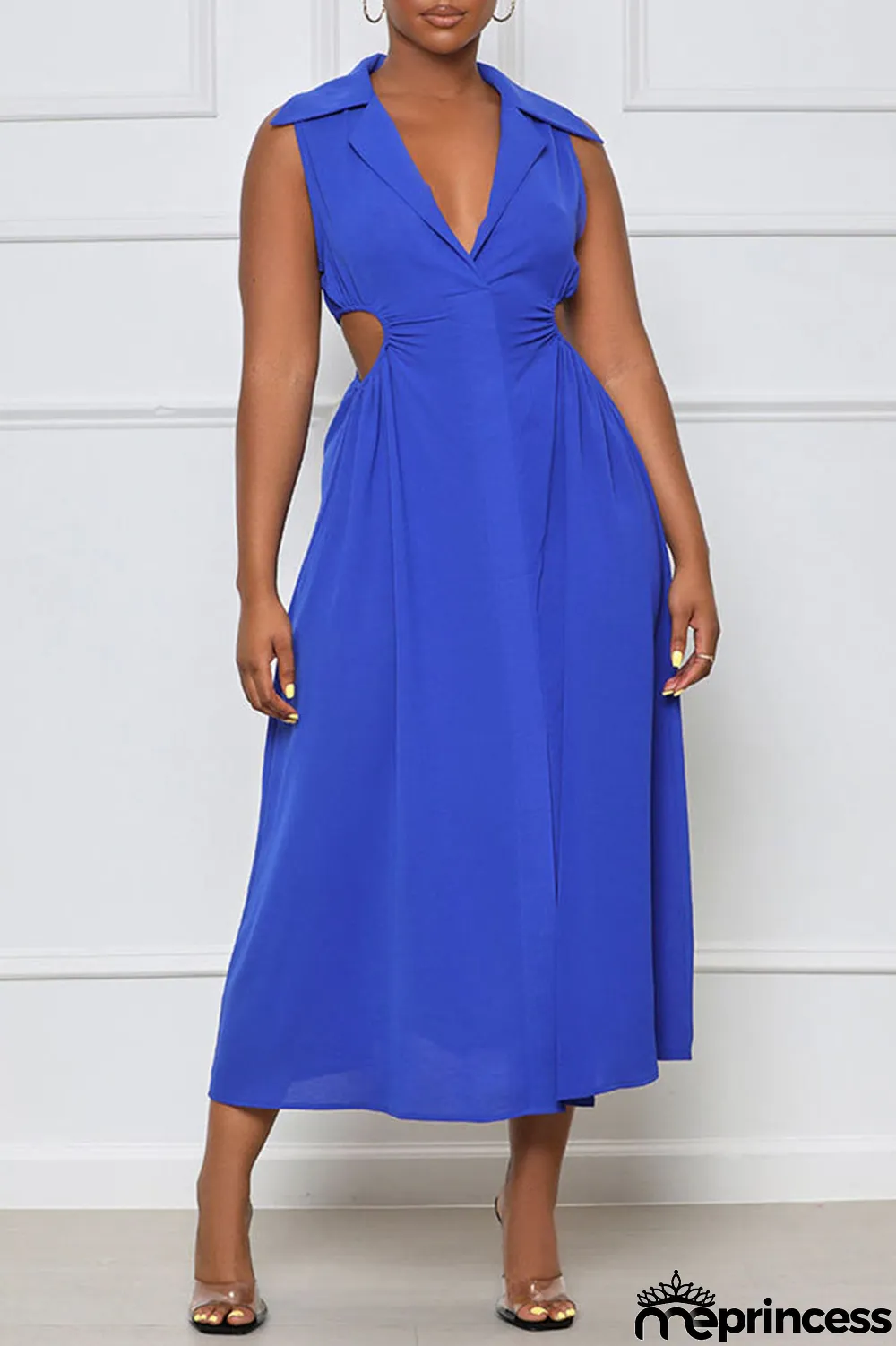 Blue Sexy Solid Hollowed Out Patchwork V Neck A Line Dresses
