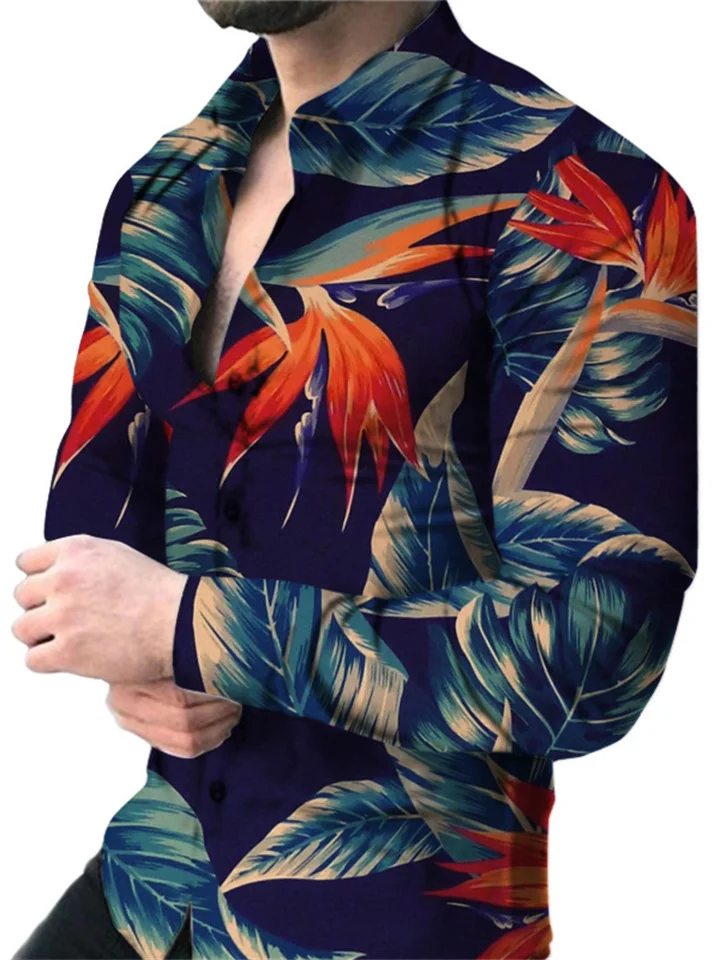 Autumn Men's Shirt Geometric Printing Long Sleeve Lapel Fashion Cardigan Tops Plus Size Menswear