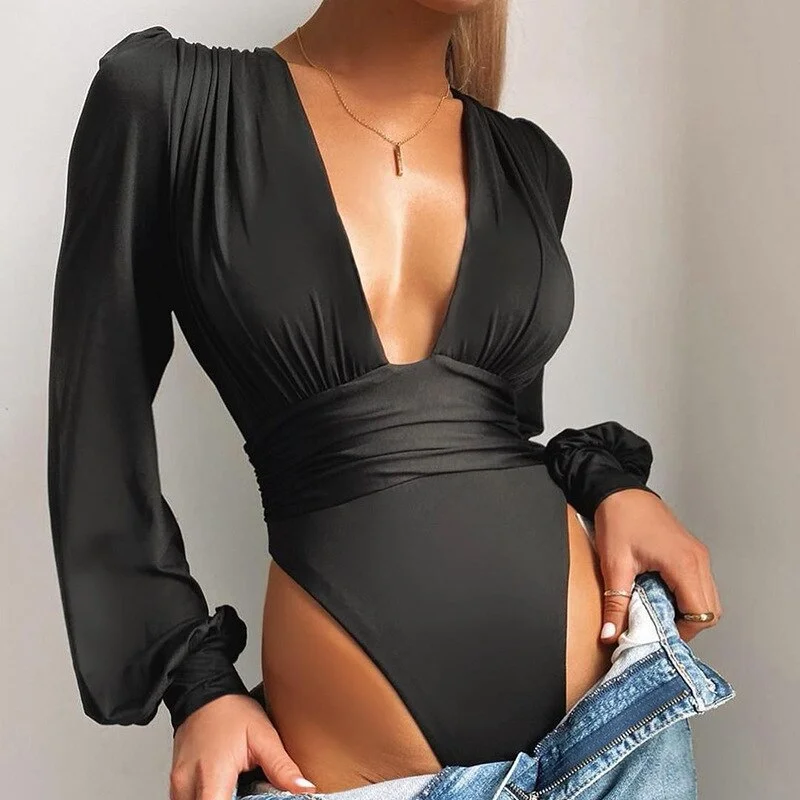 Cryptographic Elegant Plunge Sexy Deep V-Neck Ruched Bodysuits Long Sleeve Women Tops High Waist Fashion Bodysuit Club Party