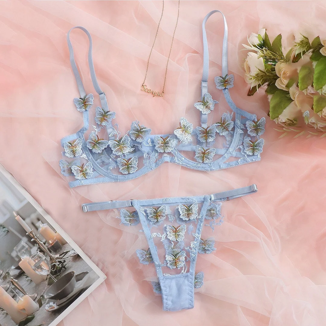 Butterfly Embroidery Underwear Women Set Sexy Transparent Bralette Bra Lingerie Two-piece Erotic Bras Set Lenceria Sensual Mujer