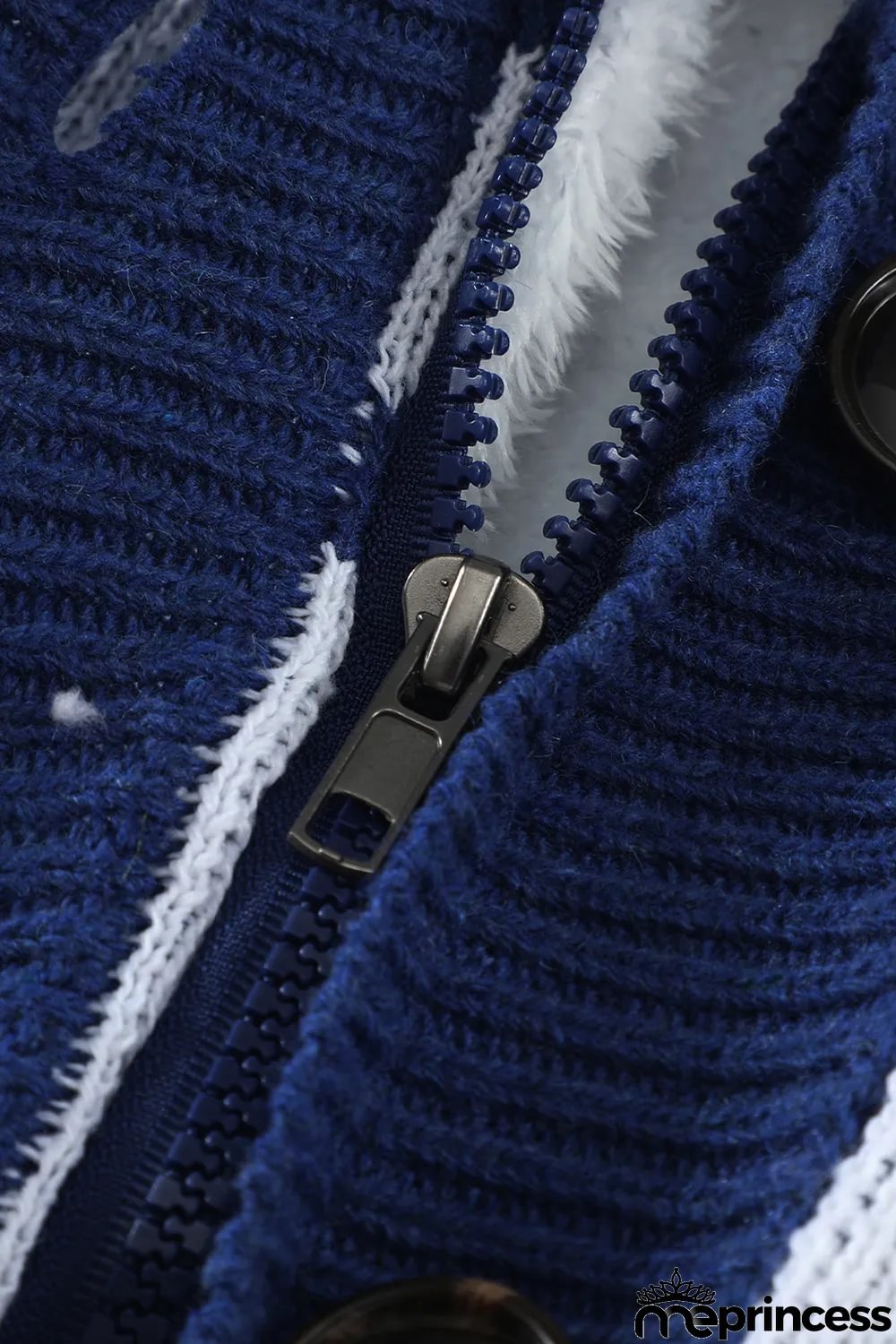 Blue Retro Jacquard Pattern Buttoned Front Hooded Sweater