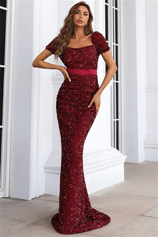 Luluslly Short Sleeves Square Sequins Evening Dress Sequins Mermaid On Sale YE0126