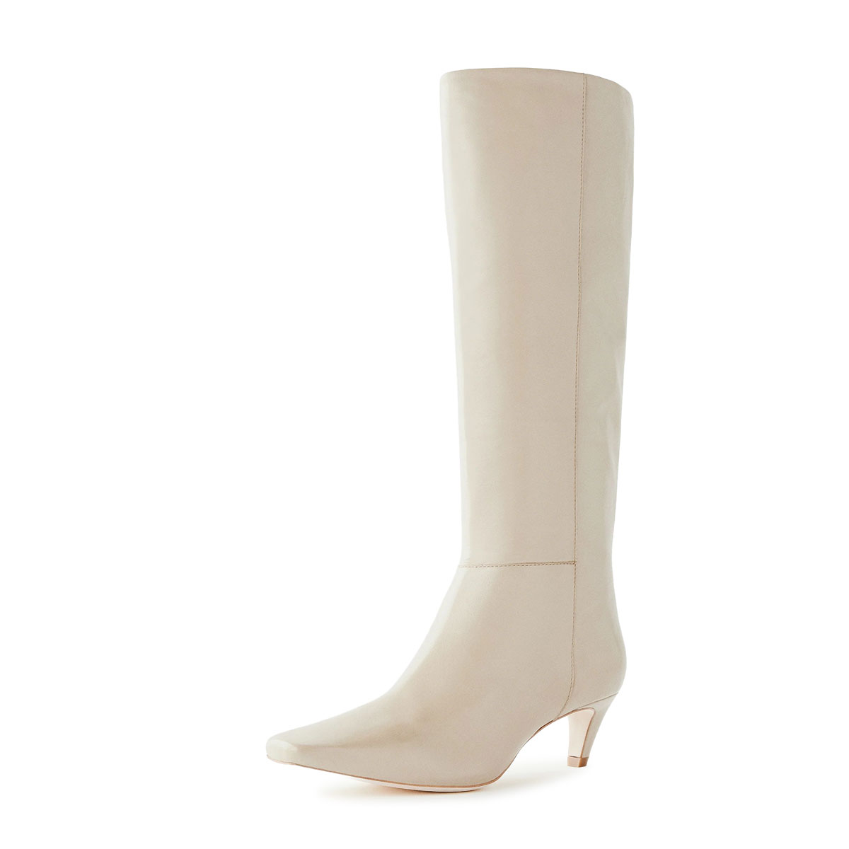 Pull-On Vegan Leather Square Toe Kitten Heel Knee High Boots in Ivory Nicepairs