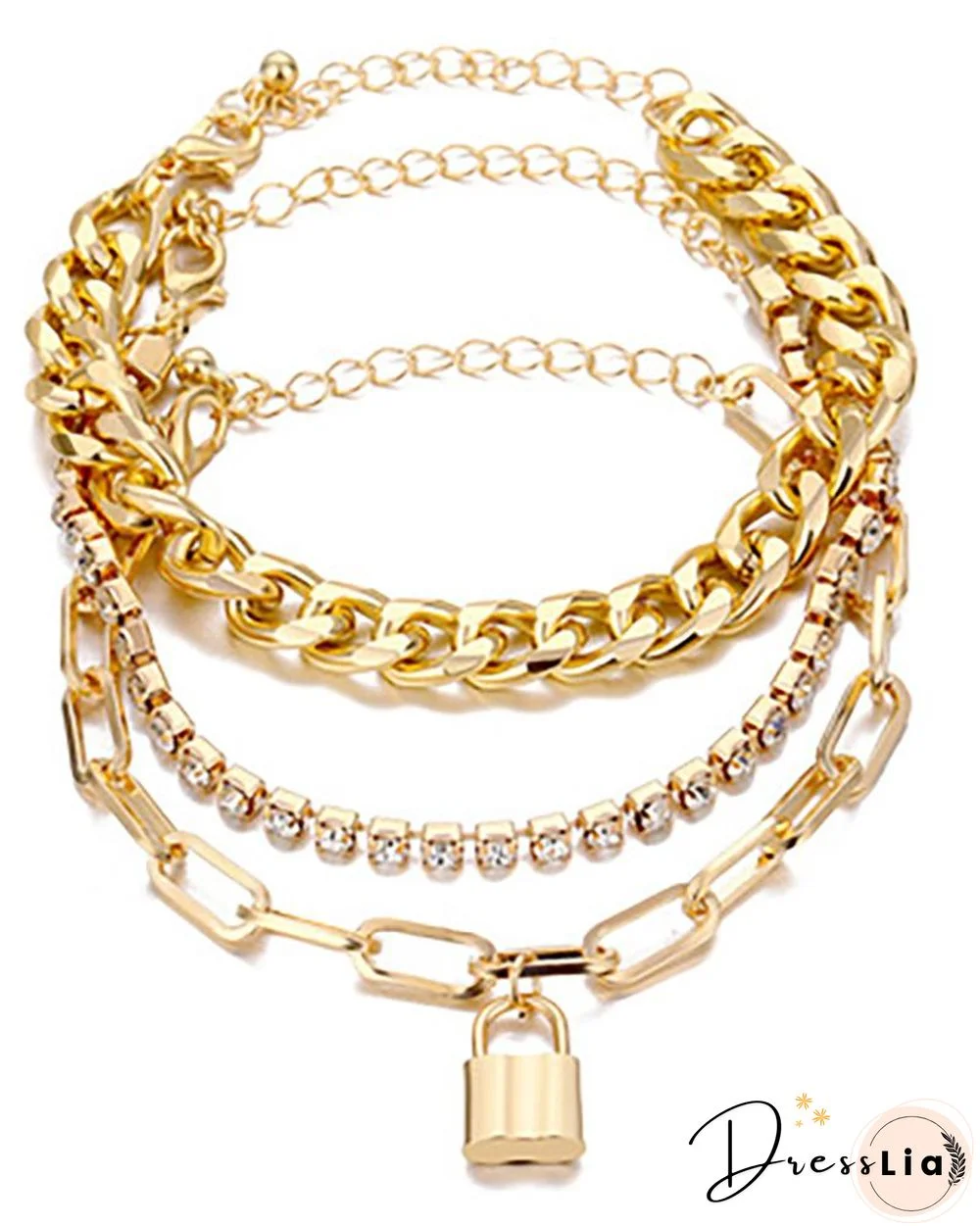 3PCS Link Chain Lock Pendant Studded Bracelet