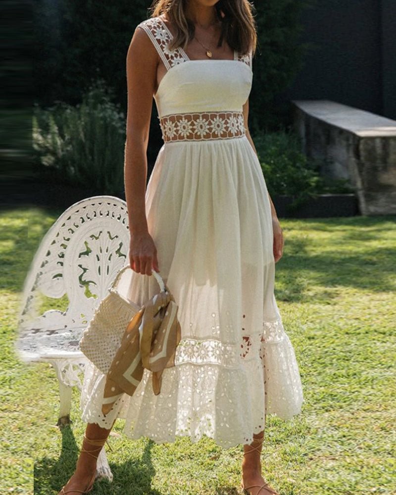Elegant Solid White Eyelet Embroidery Lined Midi Dress shopify LILYELF