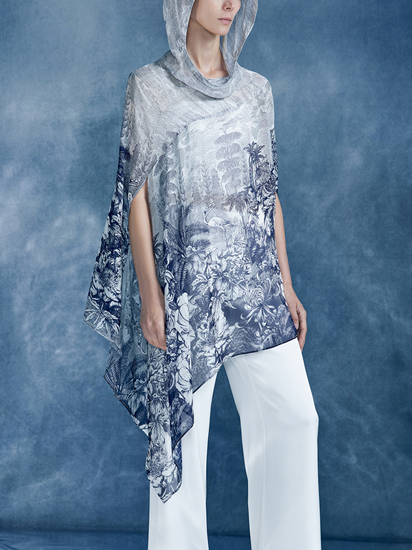 Asymmentrical Hem Print Hooded Vintage Tops