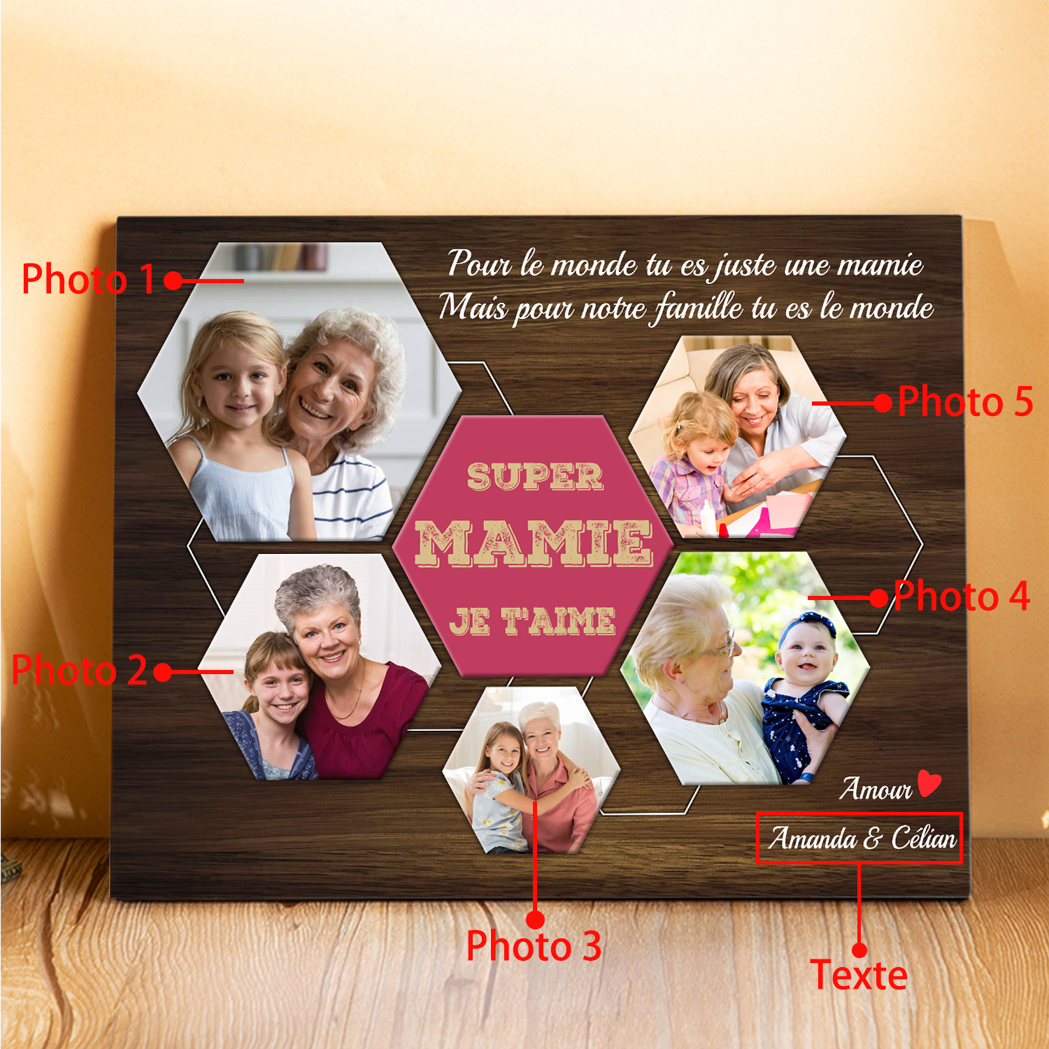 À ma Mamie - Cadre en Bois 2 Prénoms et 5 Photos Personnalisés Cadeau pour Super Mamie