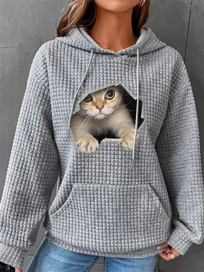 Women's Cat Pattern Graphic Printed Solid Color Scoop Neck Long Sleeve Top