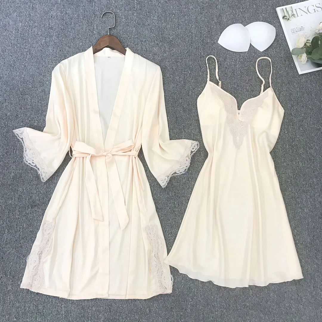 Bride Bridesmaid Wedding Robe Set Satin V-Neck Nightgown&amp;Bathrobe Suit Women Lace Trim Kimono Bath Gown Lounge Negligee
