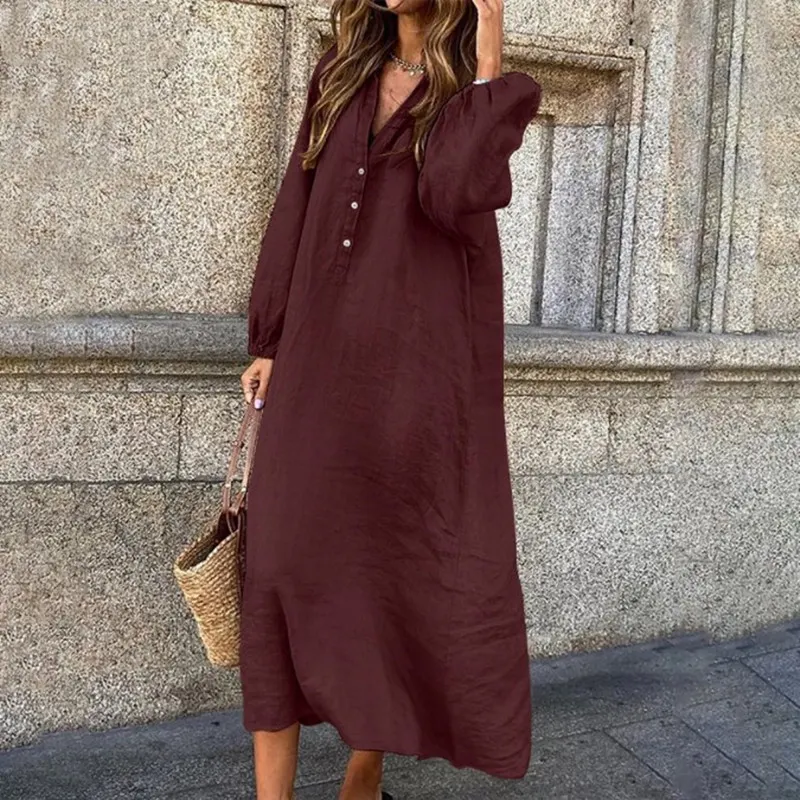 Women Black Linen V Neck Long Sleeve Maxi Dress