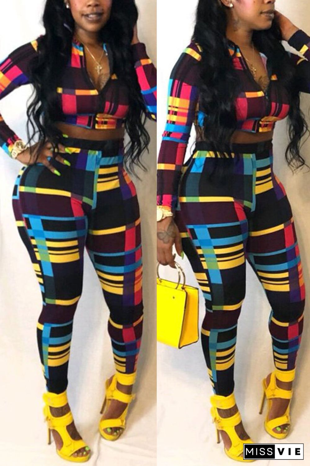 Fashion Sexy Print Basic Zipper Collar Long Sleeve Two Pieces