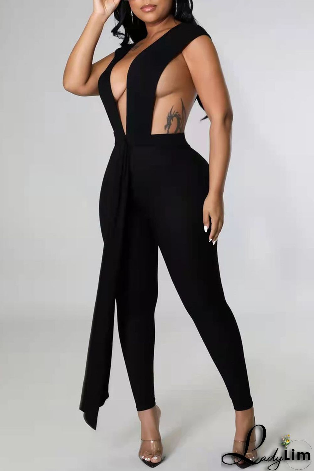 Rose Red Fashion Sexy Solid Patchwork Backless V Neck Skinny Jumpsuits