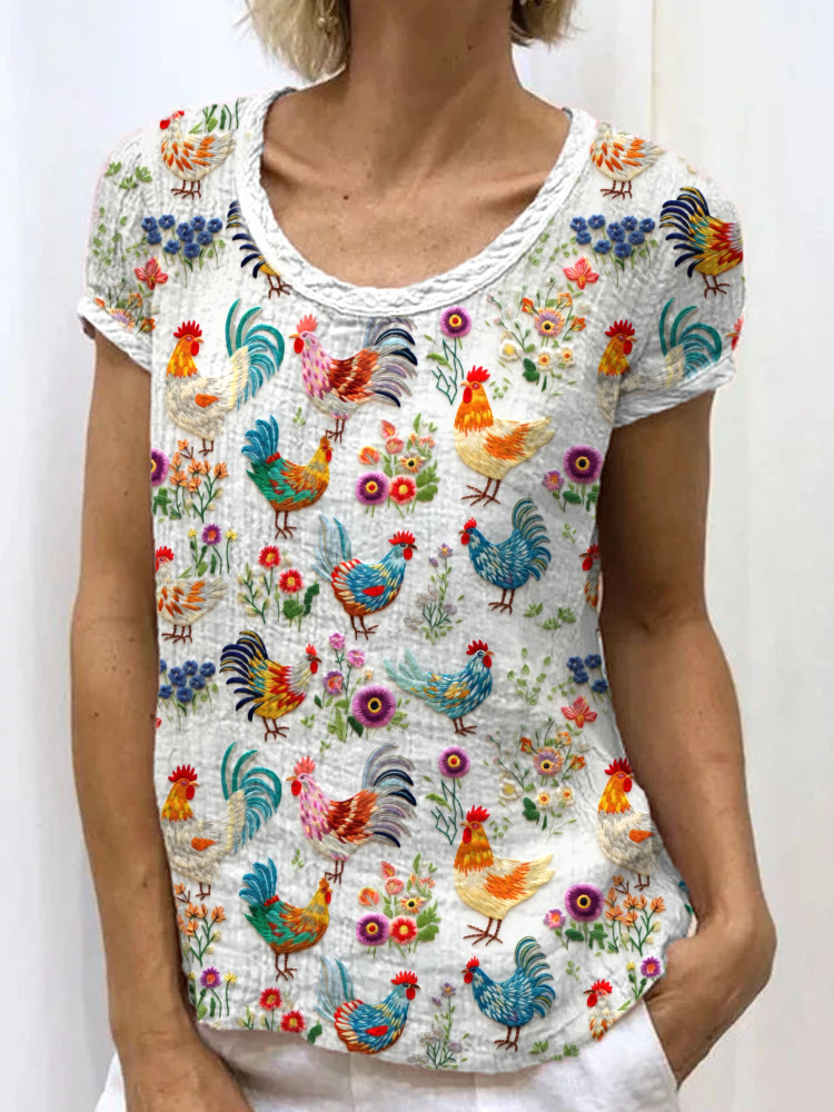 Comstylish Farm Chicken Embroidery Pattern Linen Blend Casual Shirt