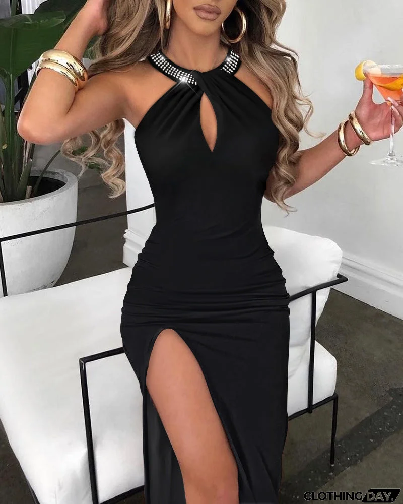 Black Halter Neck Slit Sleeveless Dress