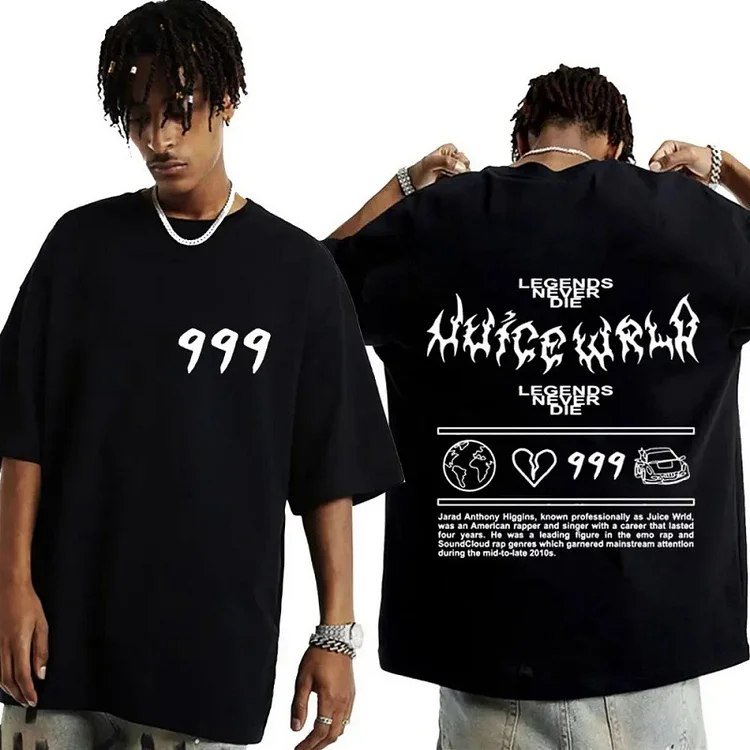 Rapper Juice Wrld 999 Print T-Shirts Hip Hop Short Sleeve Vintage Oversized T-Shirt at Hiphopee