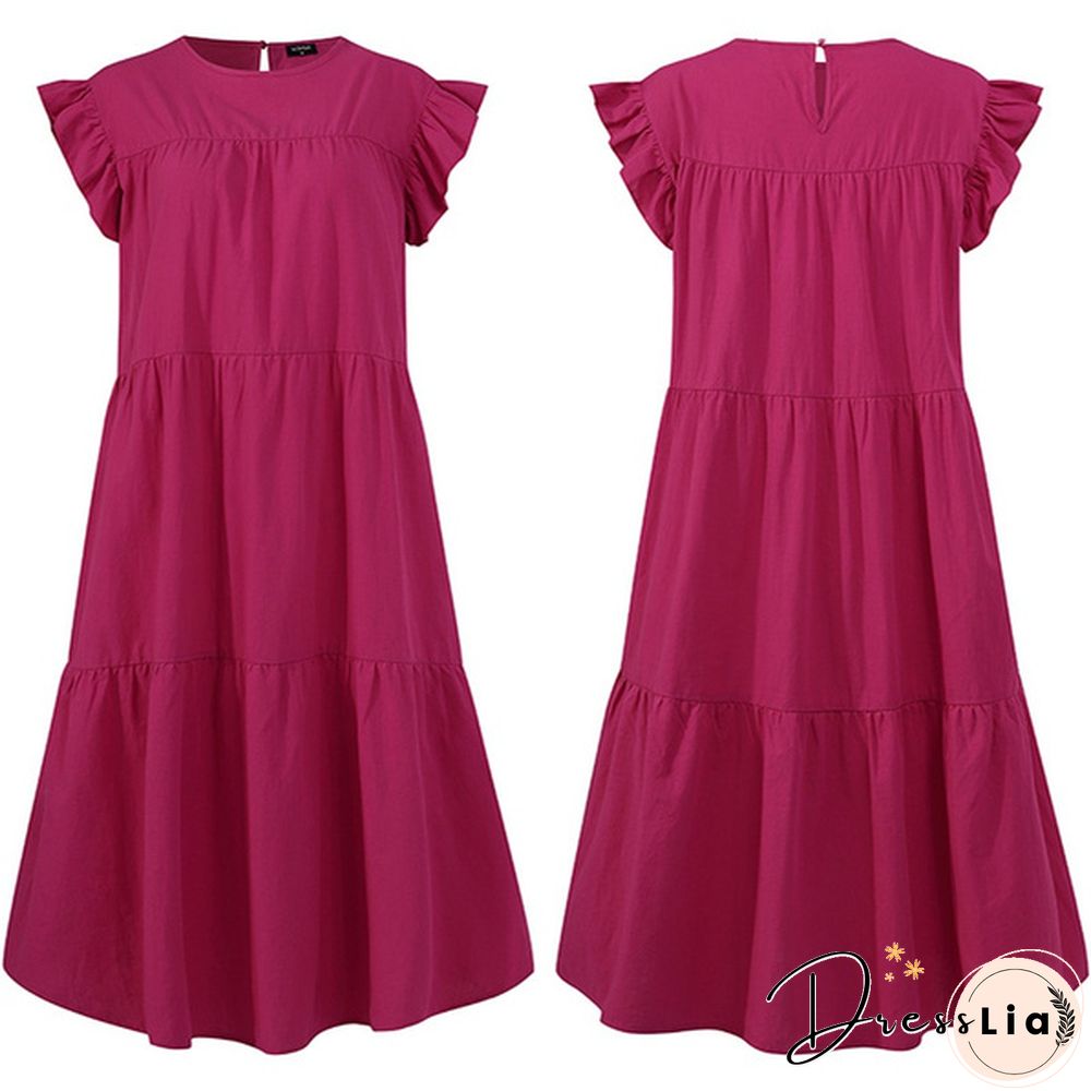 Summer Women Short Sleeves Long Dress Ruffled Pleated Party Casual Baggy Cotton Linen Midi Dresses Plus Size