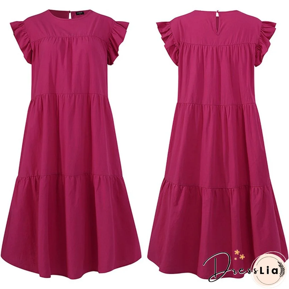 Summer Women Short Sleeves Long Dress Ruffled Pleated Party Casual Baggy Cotton Linen Midi Dresses Plus Size