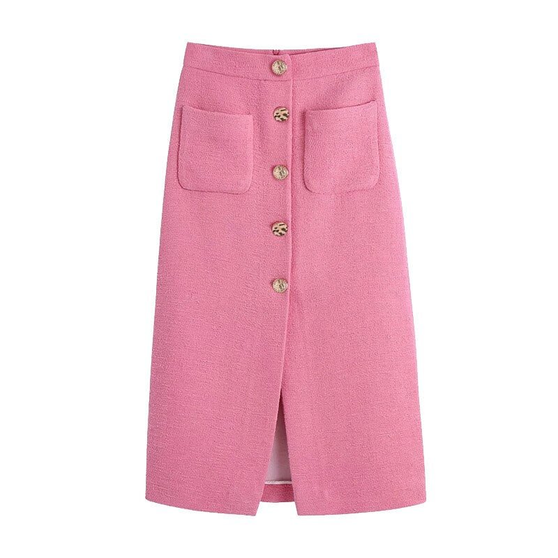 TRAF Women Chic Fashion With Buttons Front Slit Tweed Midi Skirt Vintage High Waist Back Zipper Female Skirts Mujer