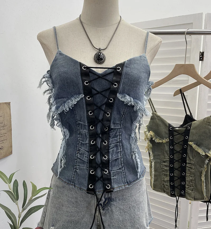 Nigikala Nigikala Shooting Cowboy Draw Rope Tie With Chest Vest Hair Side To Make Old Short Body Sleeveless Top Woman 2726