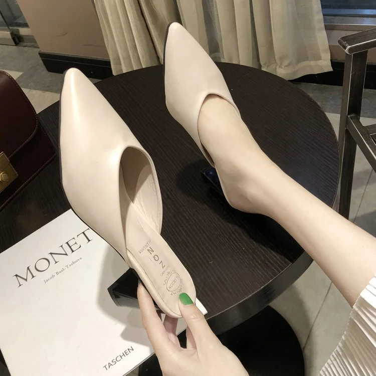 Wongn Wongn Summer New Korean Version Of Pointed Head Half Drag Pointed Head Thick Heel Slippers High Heels Women's Shoes