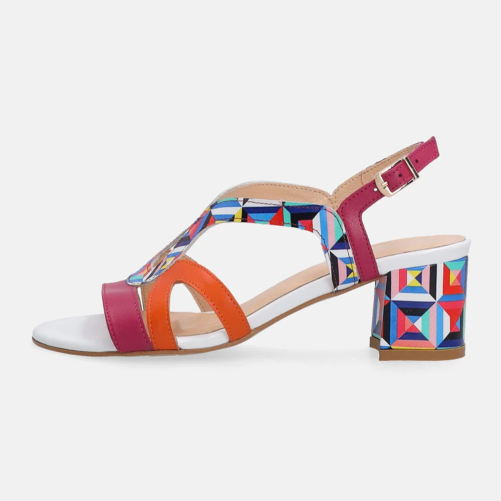 Multicolor Round Toe Ankle Strap Buckle Block Heel Sandals for Women