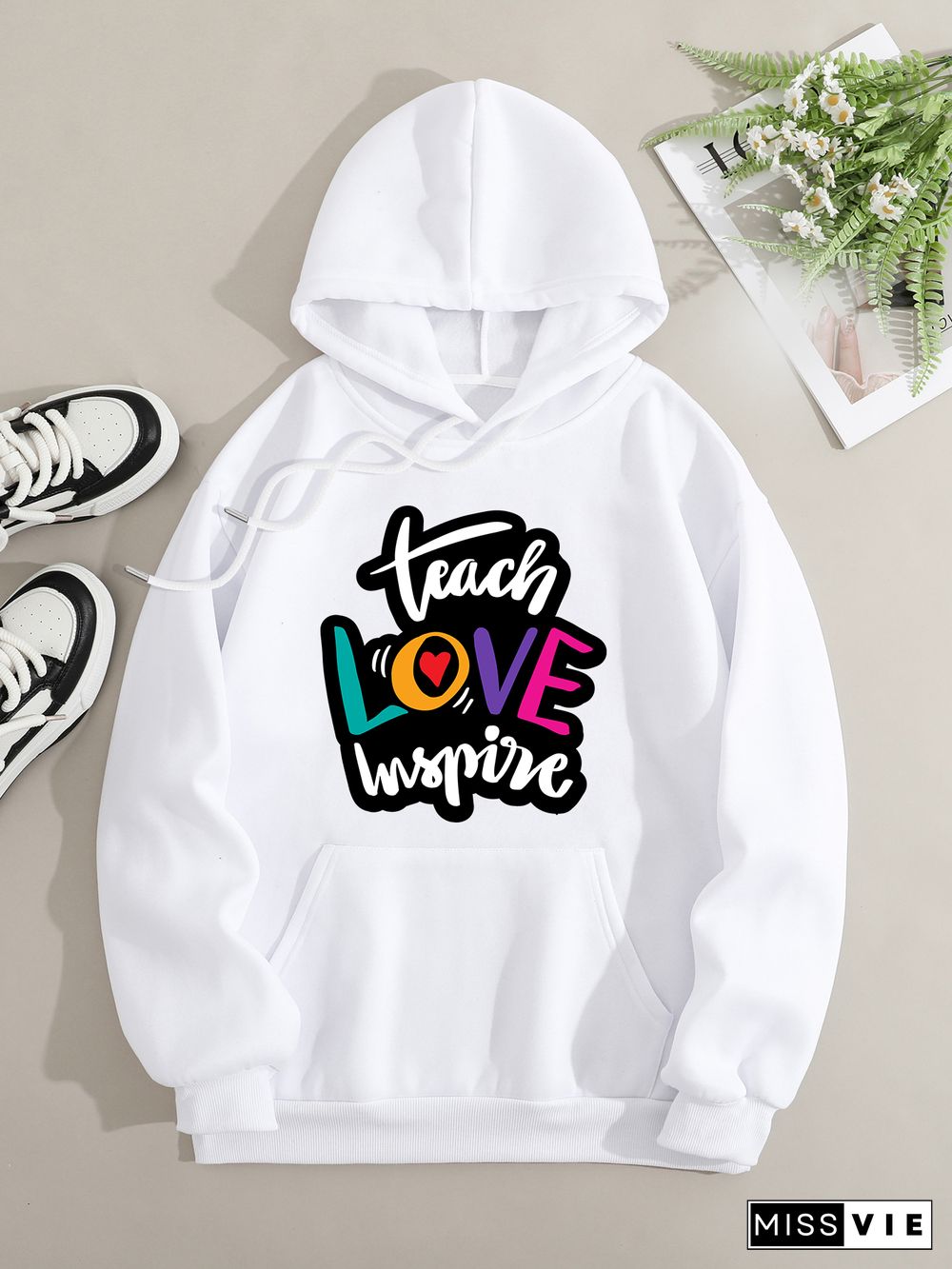 Printed on front Kangaroo Pocket Hoodie Long Sleeve for Women Pattern Teacher love imspure