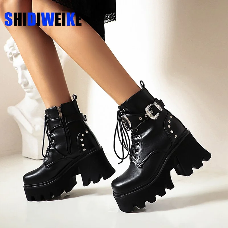 qengg Boots Punk Woman Fashion Zipper Belt Buckle Boot Women Single Punk Boot Ladies Platform Boots Shoes Woman size 44 AB826