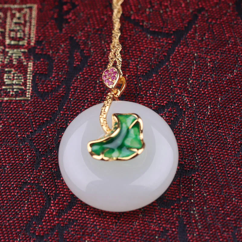 925 Sterling Silver White Jade Lotus Flower Leaf Protection Necklace Pendant