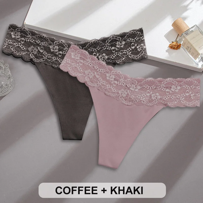 2PCS/Set Lace Panties Sexy Underwear Thong Women Panties G-String Panties Briefs Lingerie Floral V Waist Design Female Underpant