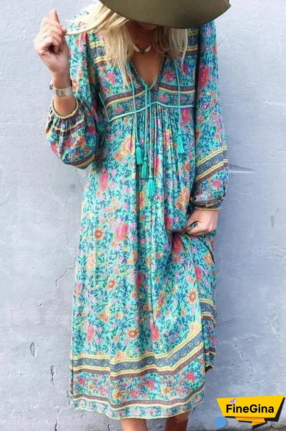 Bohemian Floral Print V-neck Balloon Sleeves Holiday Midi Dress