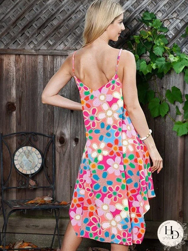 Women'S Pink Floral Print Irregular Suspender Dress