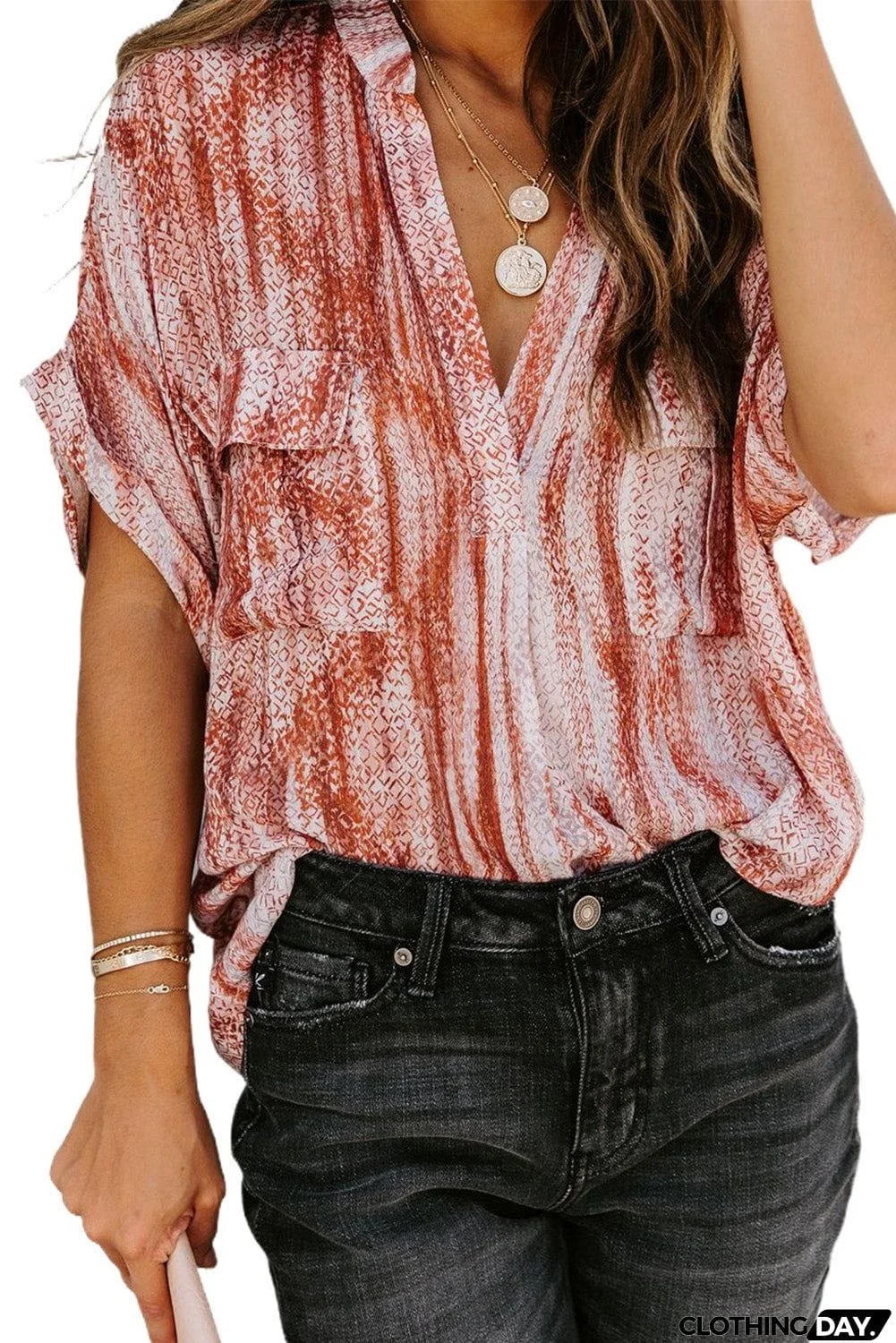 Printed Pocket Short Sleeve Blouse