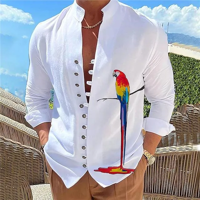 Men's Casual Stand Collar Printed Button Long Sleeve Shirt 59205039M