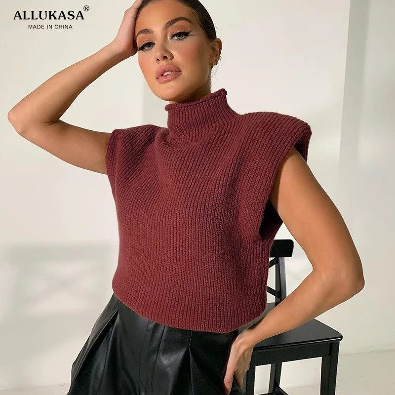 Vest Sweater Turtleneck Sleeveless Women 2020 With Shoulder Pads Knitted Pullover Autumn Winter Jumper Casual Tops Fashion