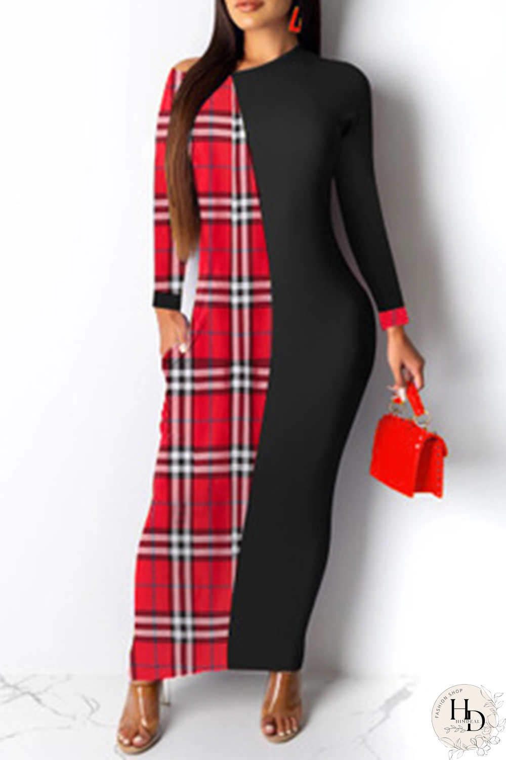 Red Casual Plaid Split Joint O Neck Straight Dresses