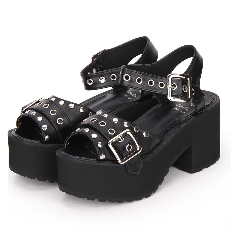 TAAFO Woman Girl Cosplay Rivet Punk Shoes Women Princess Sandals Lady High Heel Pumps34-47