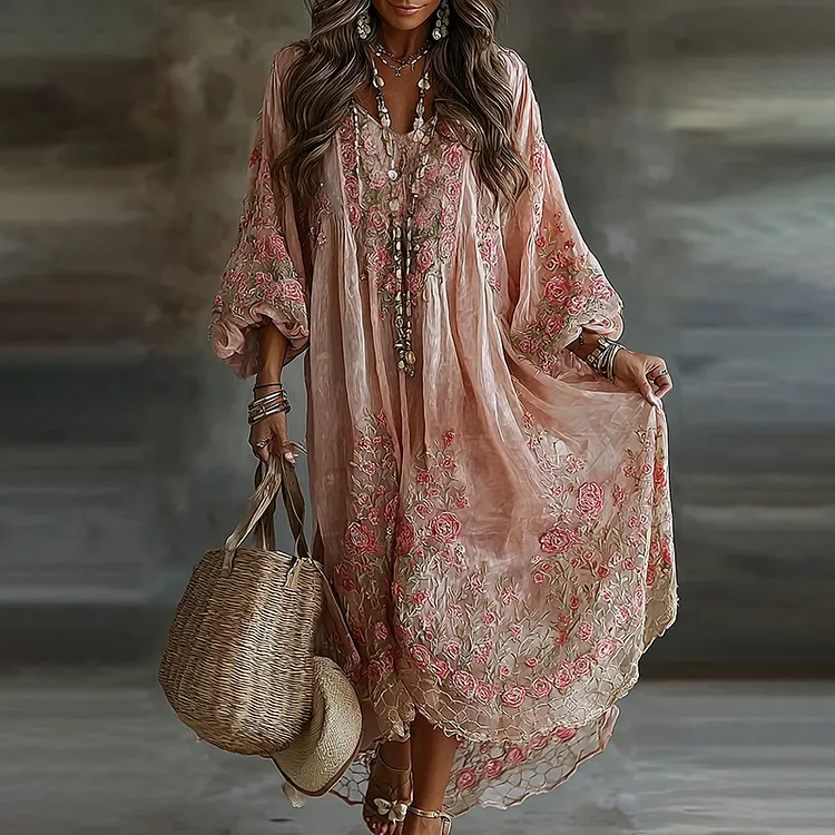 Women's Floral Art Flowy Linen Blend Casual Long Sleeve Maxi Dress