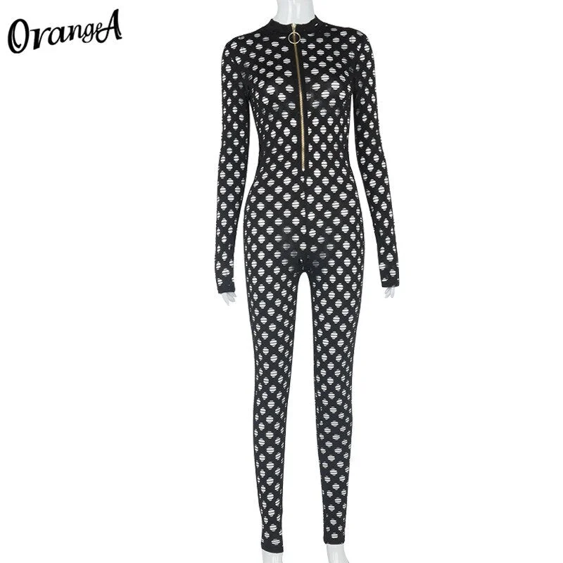 OrangeA Women Sexy Hollow Out Club Activewear Jumpsuit Long Sleeve Zipper Stretchy Workout Bodycon Party Streetwear Slim Outfits