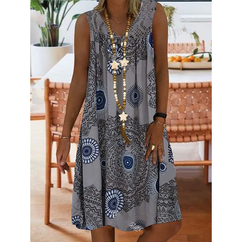 Large Size Women's Summer New Lace Stitching Printing Deep V-neck Sleeveless Dress