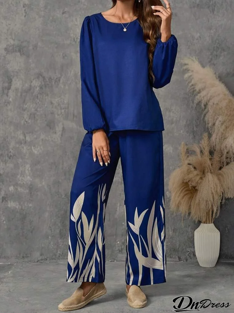 Women's Solid Color Round Neck Long Sleeve Top And Botanical Print Long Pants Two-Piece Set
