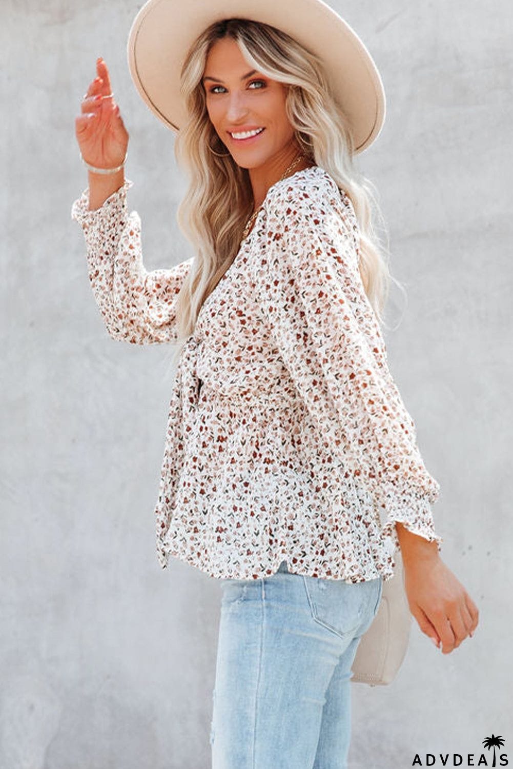 Floral Print Front Tie Ruffled Long Sleeve Blouse