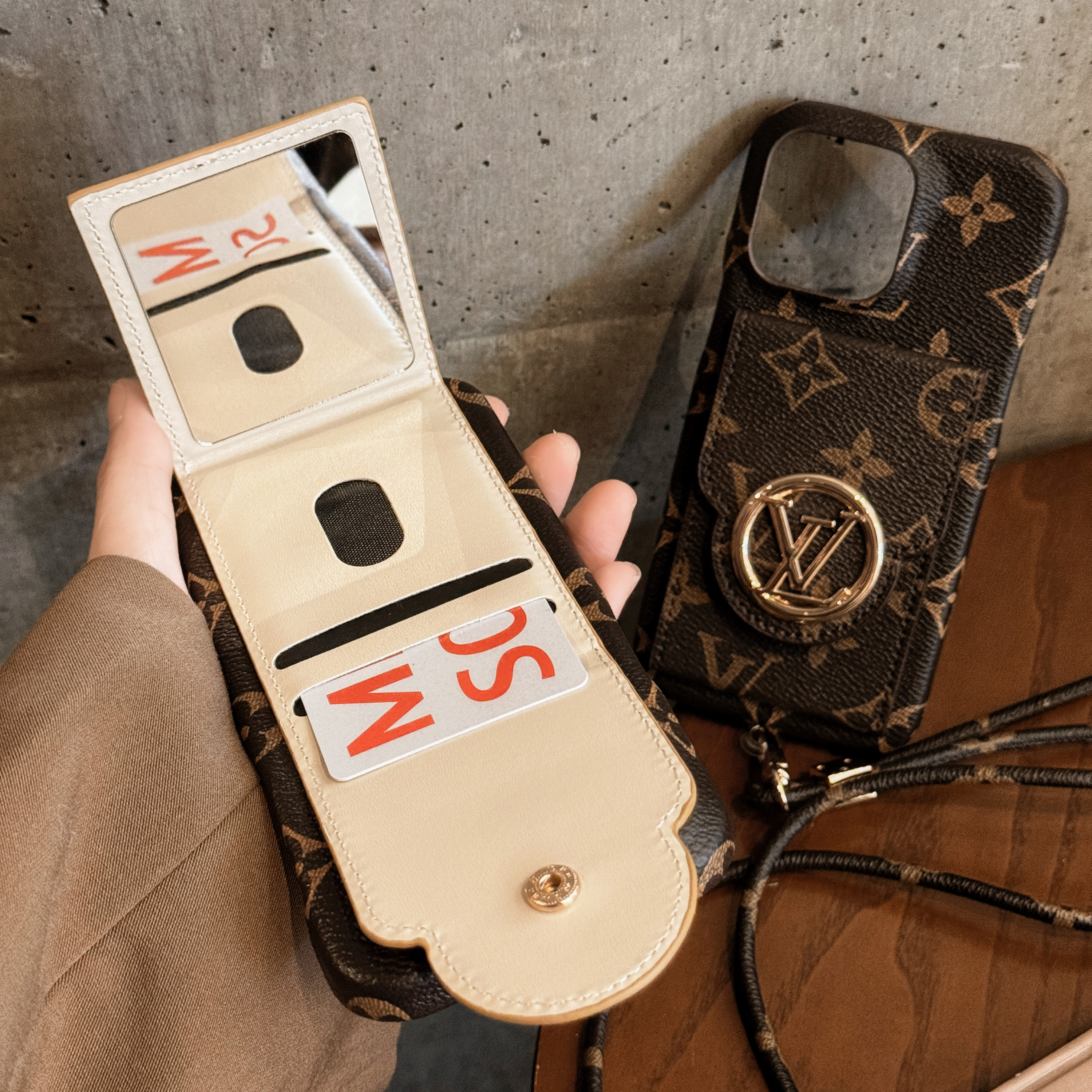 LV Monogram Canvas Card Holder Leather Elegant Makeup Mirror Crossbody Apple iPhone Case