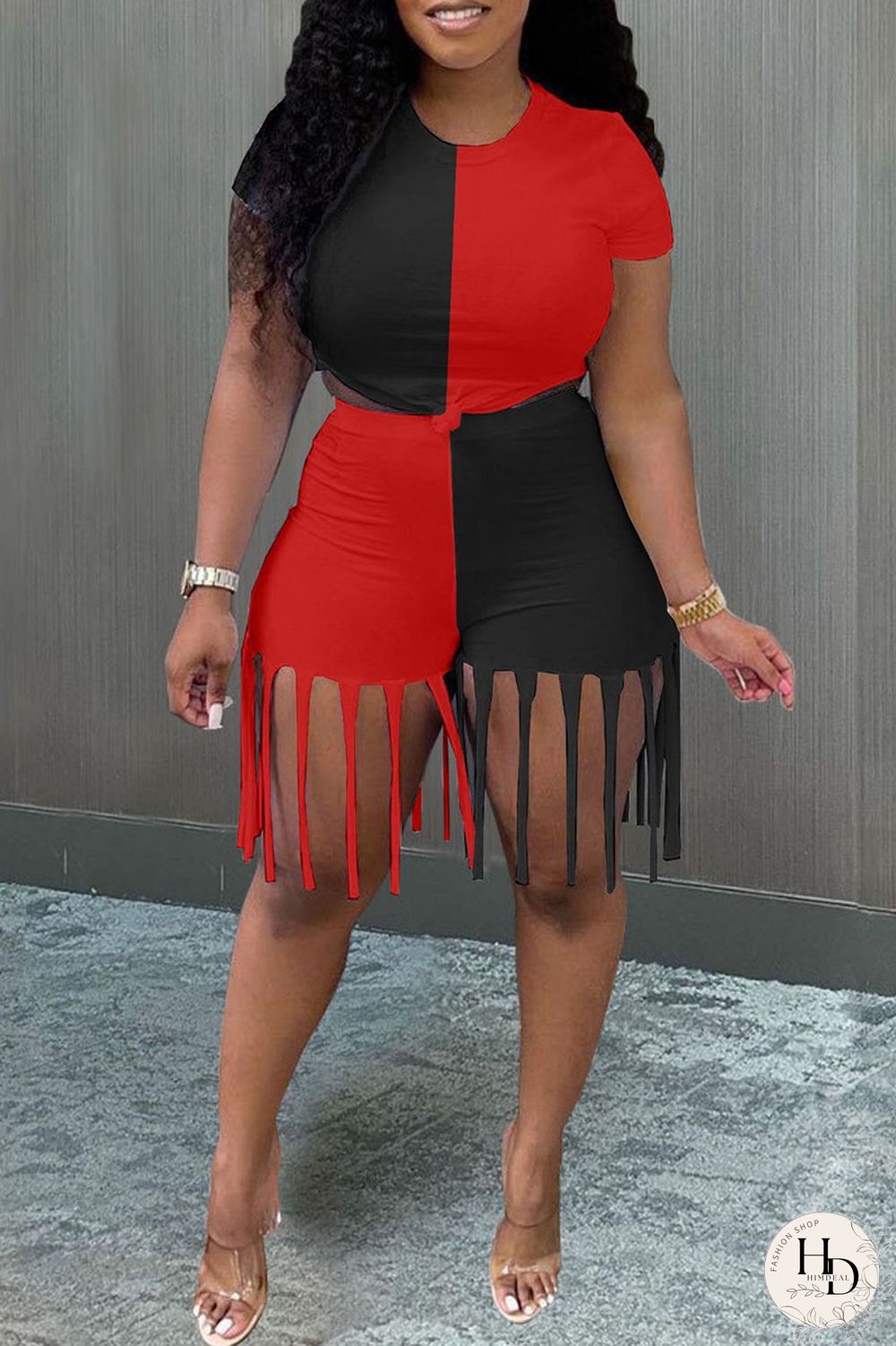 Yellow Blue Fashion Casual Patchwork Tassel O Neck Short Sleeve Two Pieces