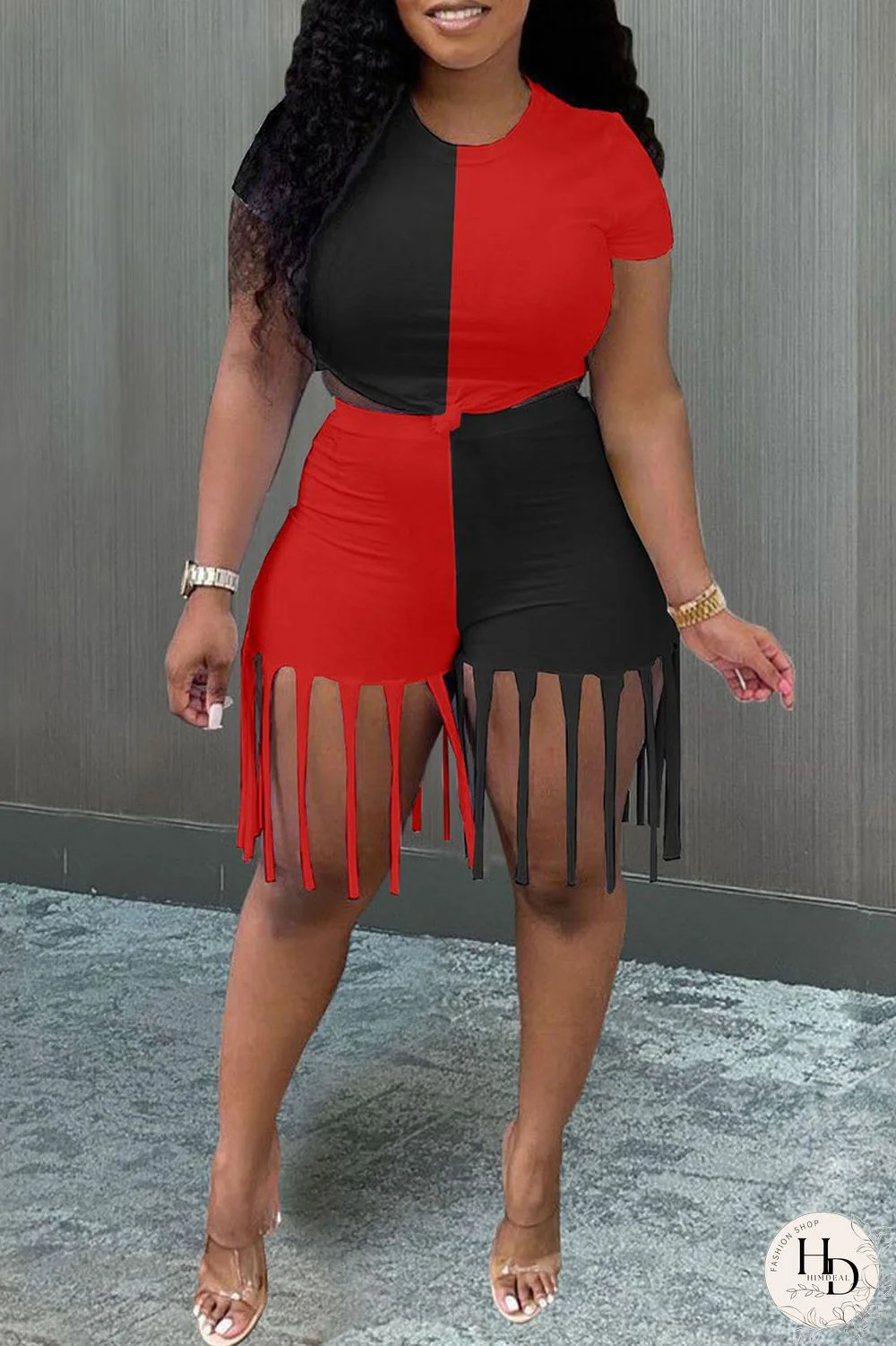 Yellow Blue Fashion Casual Patchwork Tassel O Neck Short Sleeve Two Pieces