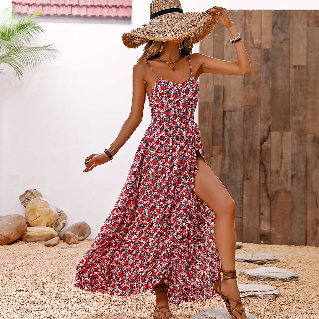 Fashion Floral Print Split Side Maxi Dress