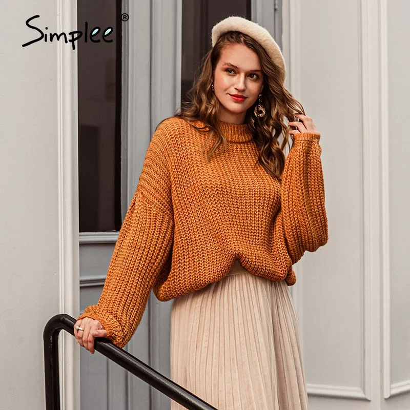 Simplee Winter lantern sleeve knitted sweater pullover Women loose O-neck solid sweater Female autumn casual sweater jumper new