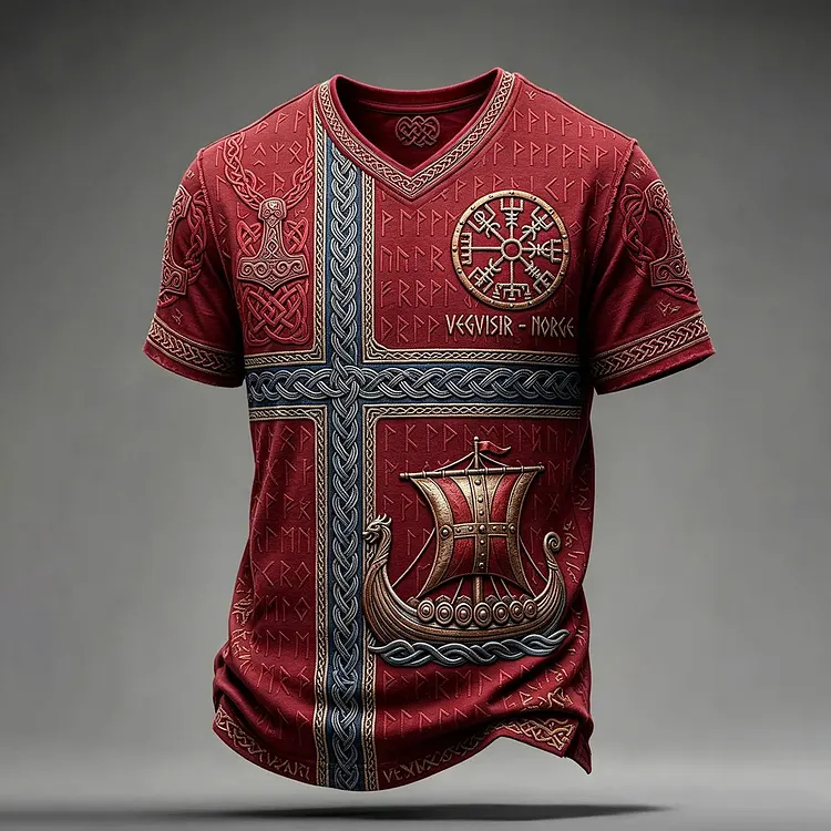 Men's Vintage Norway Viking Inspired Pattern Celtic Print V-neck T-shirt
