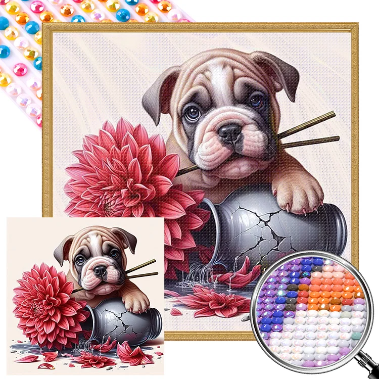 Bulldog Puppy With Flowers 40*40CM (Canvas) Full AB Round Drill Diamond Painting gbfke