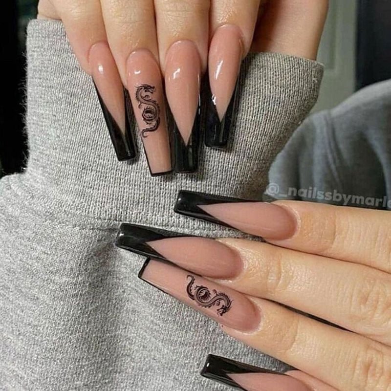 24pcs/Set Black French False Nails Detachable Punk Dragon Pattern Coffin Fake Nails Fingernail DIY Ballerina Nail Art Full Tips